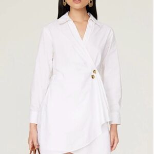 Tanya Taylor White Asymmetric Wrap Shirt Dress with Gold Buttons